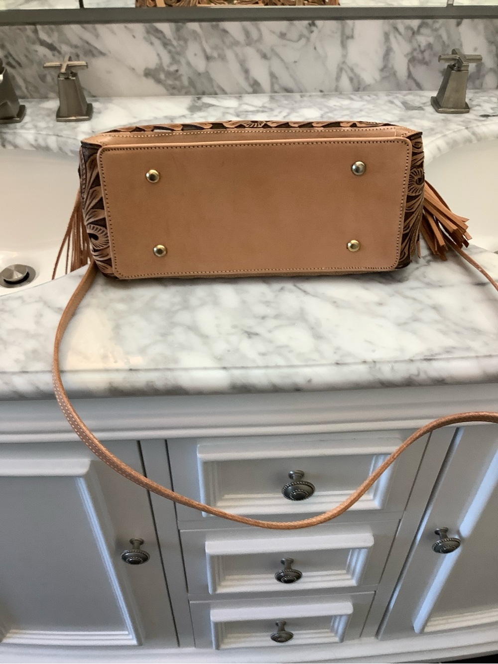Tan Floral Tooled Leather Crossbody Bag with Tassel Accents - Picture 3 of 11
